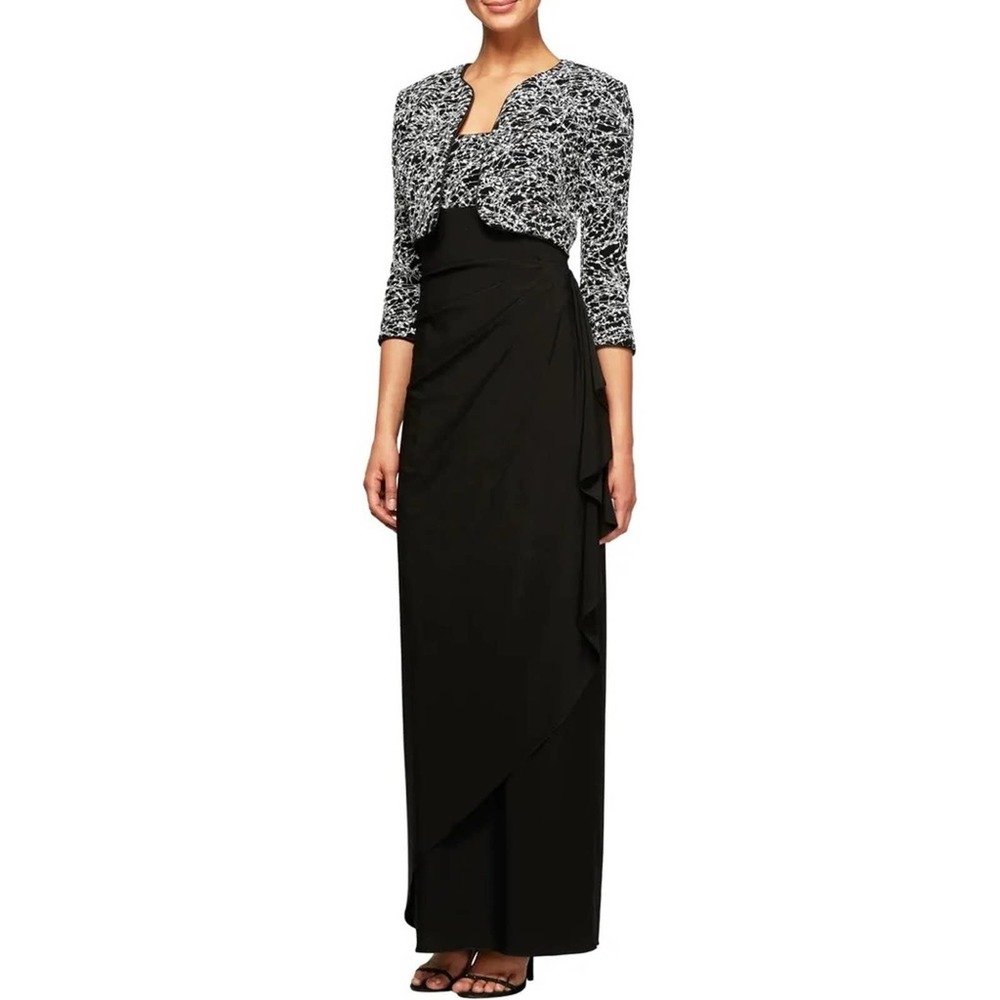 NWT Alex Evenings  Empire Waist Gown with Bolero Jacket Black + Silver Size 10
